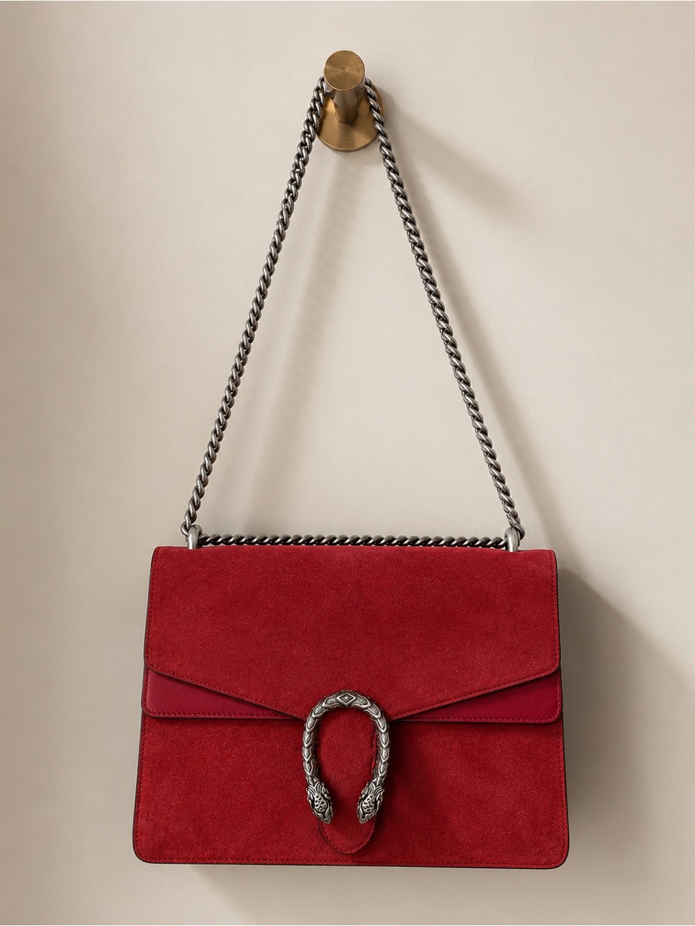 Women's Red Suede Shoulder Bag with Chain Strap - Picture 2 of 16